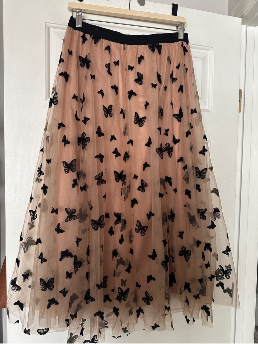 Women's Midi Tulle Skirt with Black Butterfly Appliqué - Nude/Black